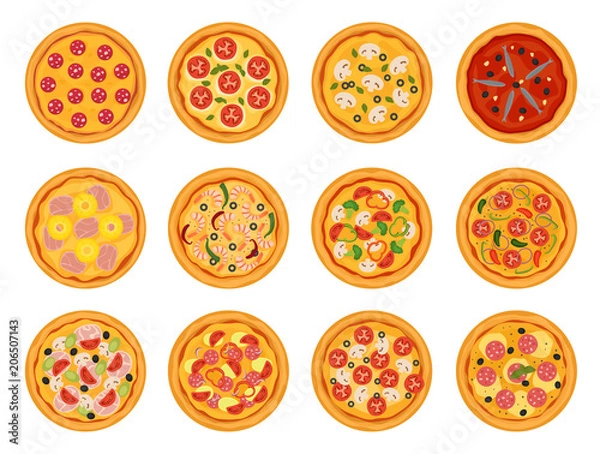 Obraz Pizza vector italian food with cheese and tomato in pizzeria or pizzahouse illustration set of baked pie in Italy isolated on white background