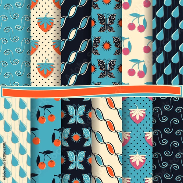 Fototapeta set of abstract vector paper with abstract figures, cherries, strawberries and design elements for scrapbook 