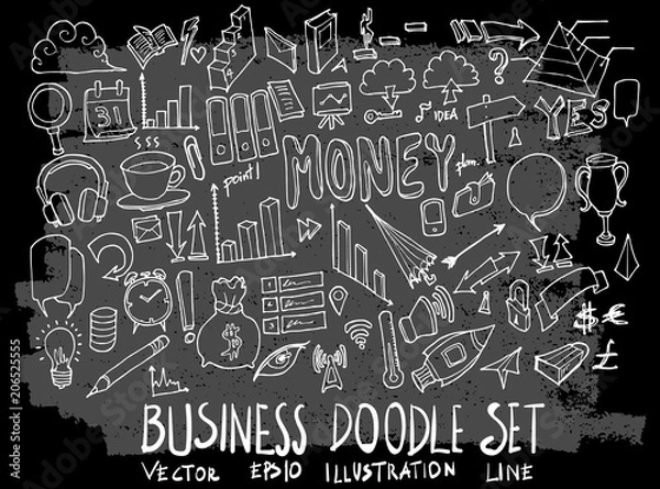 Fototapeta Hand drawn Sketch doodle vector business element icon set on Chalkboard eps10
