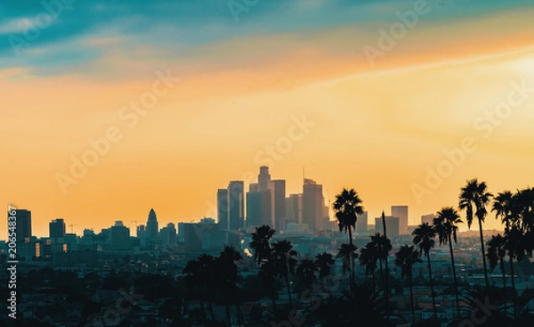 Fototapeta Downtown Los Angeles skyline at sunset with palm trees in the foreground