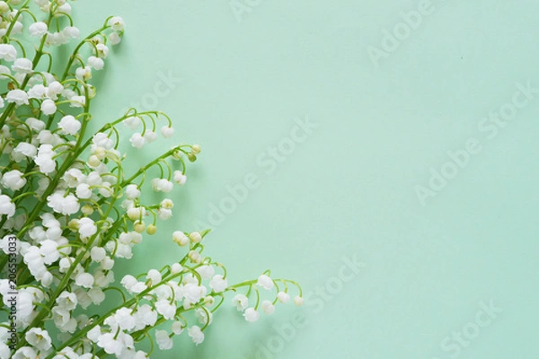 Obraz Romantic gentle flower background, lily of the valley on a mint color  background, top view, flat layout. 
