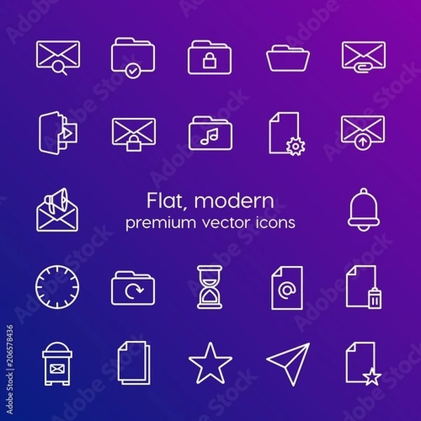Fototapeta Modern Simple Set of folder, time, files, email Vector outline Icons. Contains such Icons as  web, multimedia,  mail, favorite,  red and more on gradient background. Fully Editable. Pixel Perfect