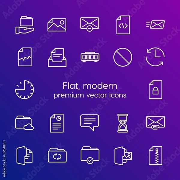 Obraz Modern Simple Set of folder, time, files, email Vector outline Icons. Contains such Icons as textile,  sand,  email,  corrupt, file,  zip and more on gradient background. Fully Editable. Pixel Perfect