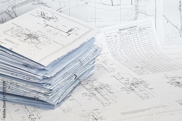 Fototapeta Single-sheet stationery of design and project drawings.