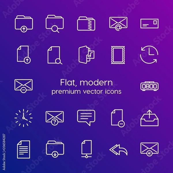 Obraz Modern Simple Set of folder, time, files, email Vector outline Icons. Contains such Icons as  answer,  message,  connection, change,  web and more on gradient background. Fully Editable. Pixel Perfect