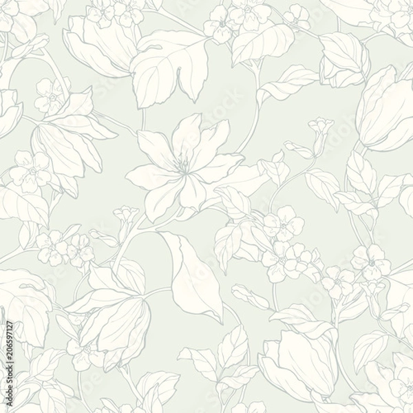 Fototapeta Seamless pattern with flowers magnolia and tulips