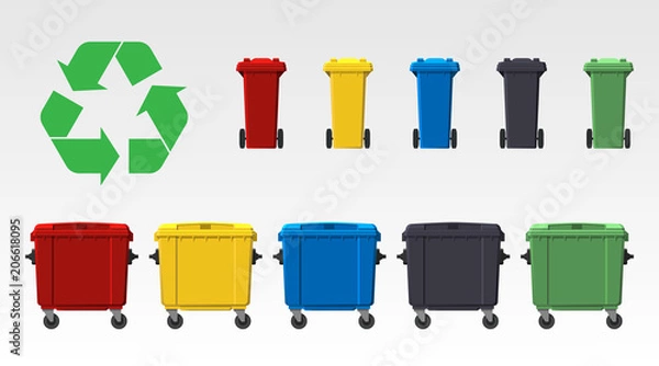 Obraz Różne kolory recyklingu pojemników na białym tle. Płaski styl. Wektor.
