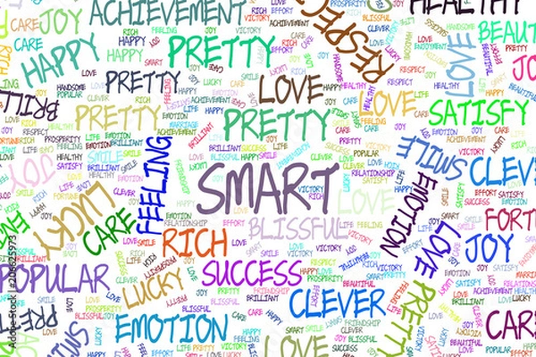 Obraz Smart, decorative hand drawn positive emotion word cloud illustrations. Words, sketch, messy & backdrop.