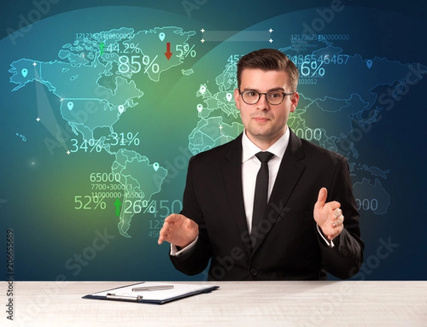 Fototapeta Trade market analyst is studio reporting world trading news with map concept on background