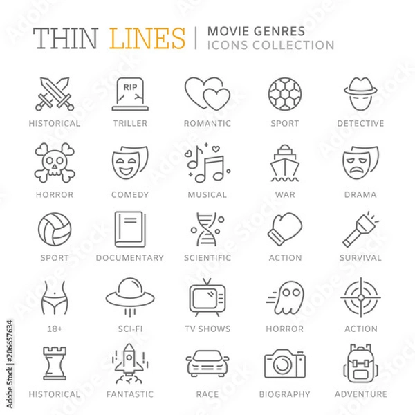 Obraz Collection of movie genres thin line icons