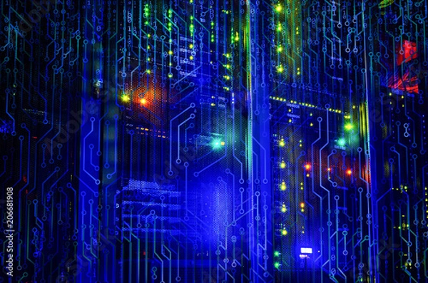 Obraz series mainframe in a futuristic representation of a matrix code with composition of information technology grunge texture, metaphorical relationship to computing, industrial design and modern