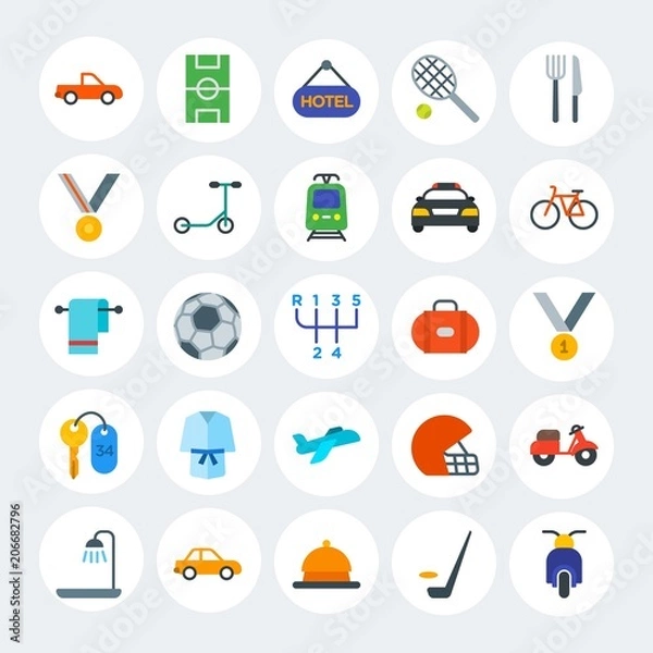 Fototapeta Modern Simple Set of transports, hotel, sports Vector flat Icons. Contains such Icons as bathroom,  pickup,  sedan,  football,  bath and more on white cricle background. Fully Editable. Pixel Perfect.