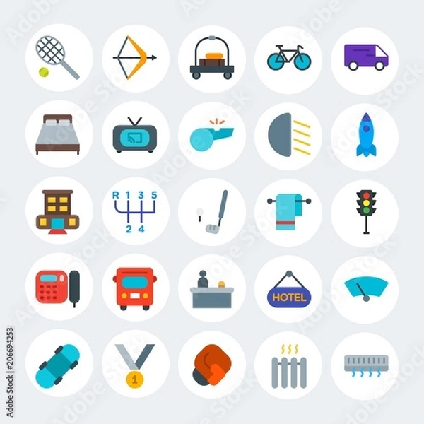 Fototapeta Modern Simple Set of transports, hotel, sports Vector flat Icons. Contains such Icons as  arrow,  ball,  board,  victory,  house and more on white cricle background. Fully Editable. Pixel Perfect.