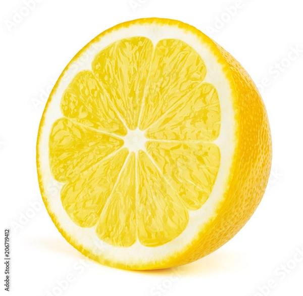 Fototapeta Perfectly retouched sliced half of lemon fruit isolated on the white background with clipping path. One of the best isolated lemons slices that you have seen.
