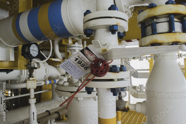 Fototapeta  Gas process valve isolation lock out tag out,Lock closed,Lock open. Isolation tag.