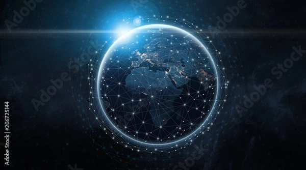 Fototapeta Global communication network concept network dots surrounding planet earth with focus on America. Information exchange via satellites.