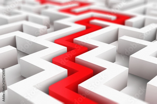 Fototapeta Red path across white endless labyrinth