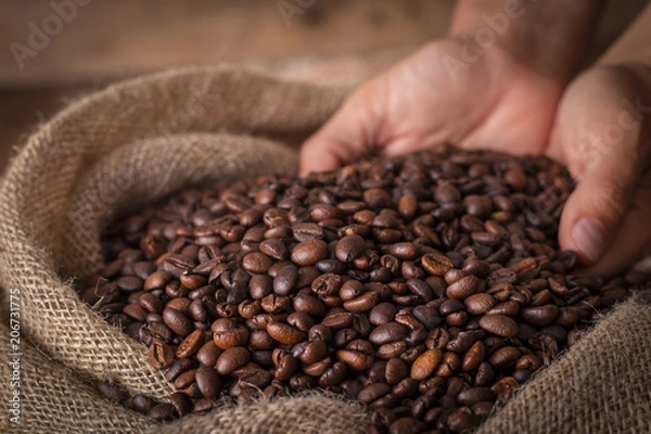 Obraz Hands on a sack of coffee beans