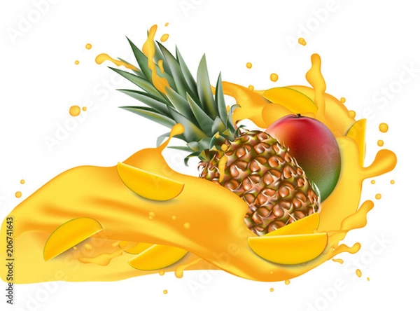 Fototapeta Splash of ananas juice. Mango and pineapple. 3d realistic vector EPS 10. Packaging template. Brand advertising. Mango slices flowing