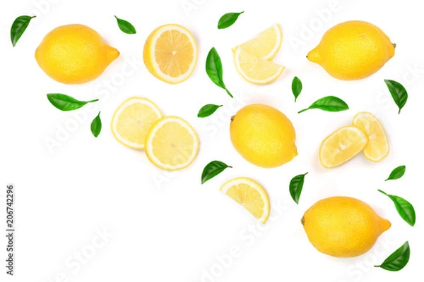 Fototapeta Lemon decorated with green leaves isolated on white background with copy space for your text. . Top view. Flat lay