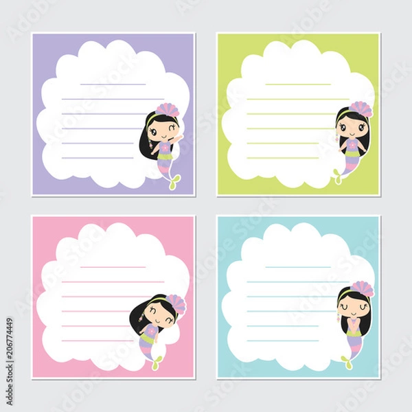 Fototapeta Cute colorful mermaid girl frame vector cartoon illustration for summer memo paper design, stationery and planner sticker