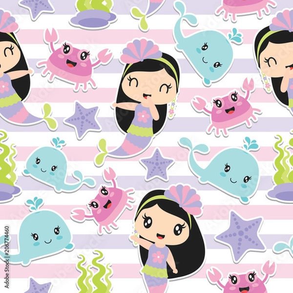 Fototapeta Seamless pattern of cute mermaid girl and sea elements on striped background vector cartoon illustration for kid wrapping paper, kid fabric clothes, and wallpaper