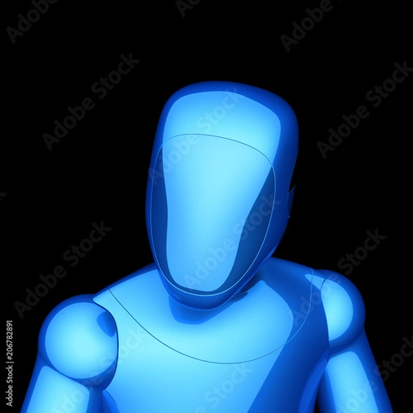 Fototapeta Robot face futuristic portrait blue, artificial cyborg, android, technology character, crush test dummy concept. 3d ilustration, isolated on white background