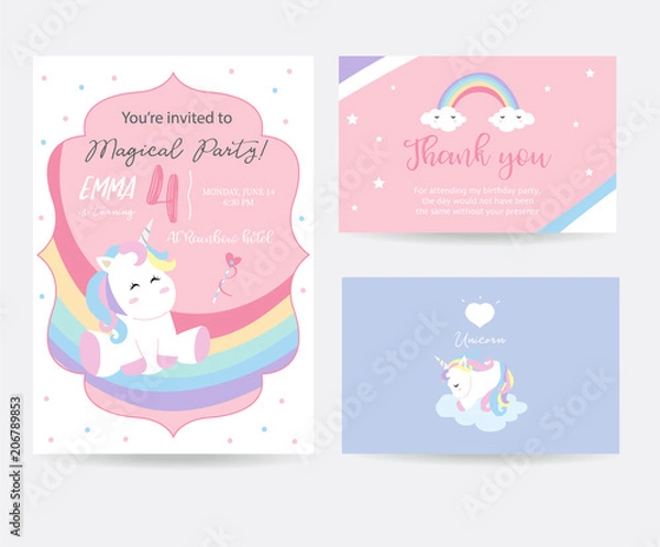 Fototapeta Ręcznie rysowane słodkie karty z głową jednorożca, tęczą i sercem