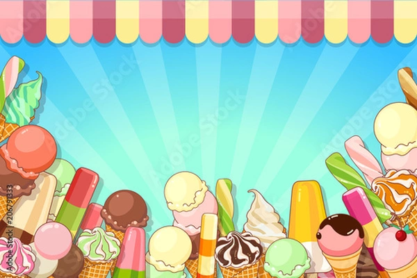 Obraz Ice cream poster. Brightly colored ice cream, waffle cones, popsicles on a beautiful background. Cartoon illustration for web, advertising, banner, poster, flyer, business card. Vector illustration.
