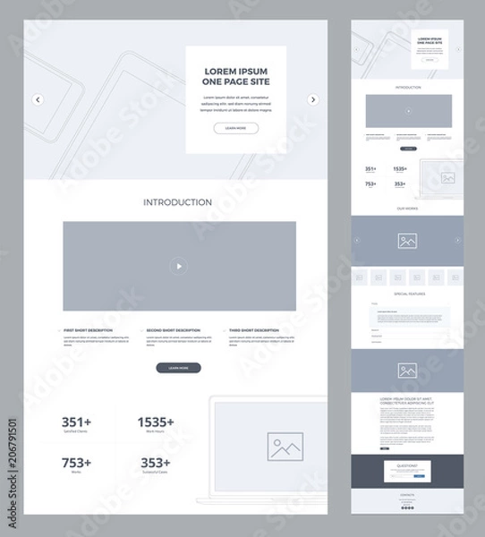 Obraz One page website design template for business. Landing page wireframe. Flat modern responsive design. Ux ui website: home, features, explore, introduction, potential, blog, works, questions, contacts.