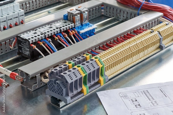 Fototapeta Terminals, contactors, relays, circuit breakers and electrical Cabinet drawing. Electrical wires or cables are connected to electrical equipment according to the project. Modern technologies, design.
