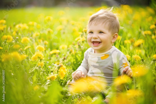 Obraz Concept: family values. Portrait of adorable innocent brown-eyed baby playing outdoor in the sunny dandelions field and making funny faces.