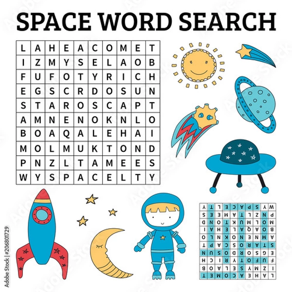 Fototapeta Space word search game for kids