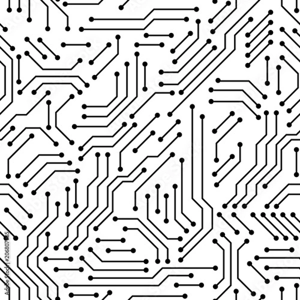 Obraz Printed circuit board black and white computer technology seamless pattern, vector