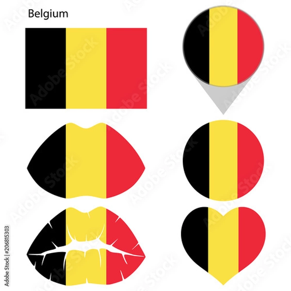Fototapeta Flag of Belgium, set. Correct proportions, lips, imprint of kiss, map pointer, heart, icon. Abstract concept. Vector illustration on white background.