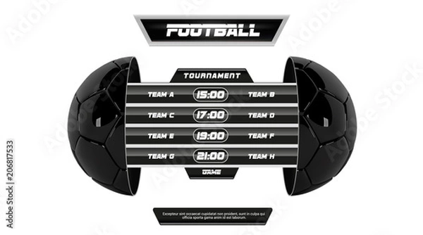 Fototapeta Vector of soccer league with team competition and scoreboard isolated on white background. Football White Banner With 3d Ball and Scoreboard. Soccer game match. Half football ball