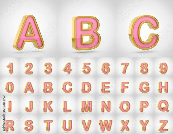 Fototapeta Pink with gold alphabet letters uppercase isolated on white background.