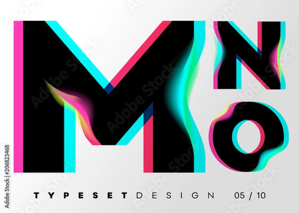 Fototapeta Vector Typeset Design. Neon Glitch Style. Black Bold Font, Double Exposure. Abstract Colorful Type for Creative Heading, Advertising Placard, Music Poster, Sale Banner. Trendy Neon Glowing Letters.