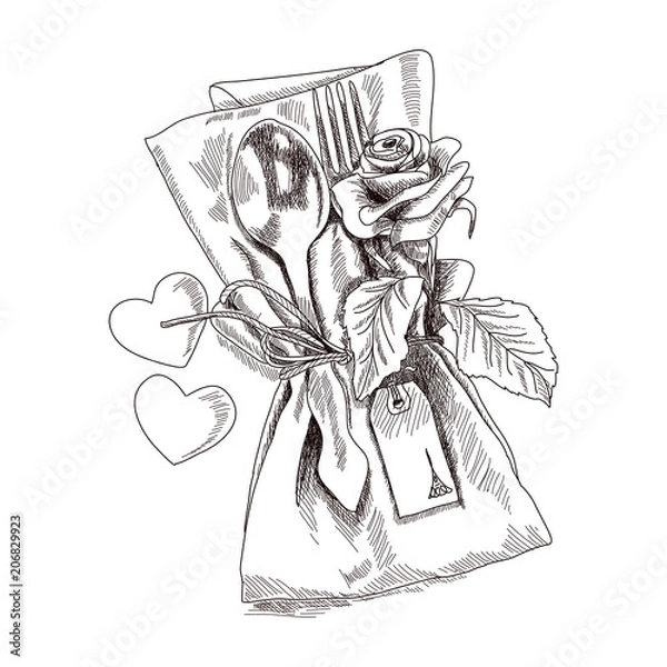 Fototapeta Concept of serving the holiday table. Beautifully composition folded napkin with fork and spoon. The composition decorated with a rose flower. Hand drawn sketch. Vector illustration.
