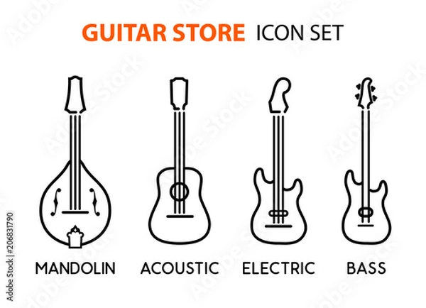 Obraz Zestaw ikon gitar akustycznych, elektrycznych i mandoliny w stylu grafiki liniowej