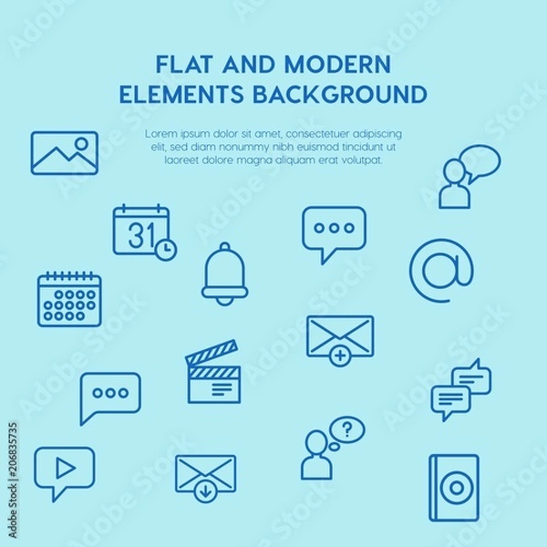 Obraz chat and messenger, video, time, email outline vector icons and elements background concept on blue background.Multipurpose use on websites, presentations, brochures and more