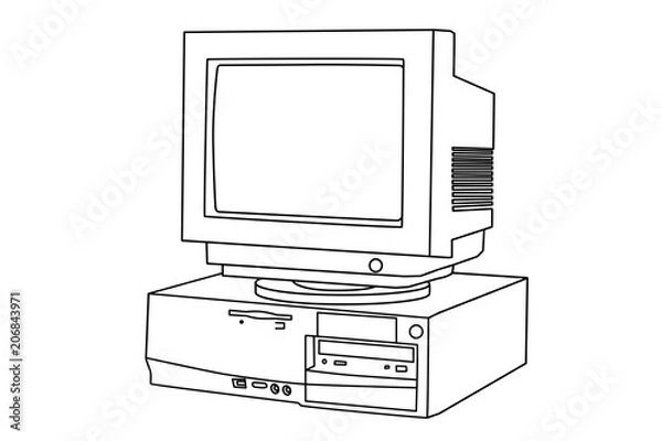 Fototapeta Hand line drawing of an old computer and monitor.  