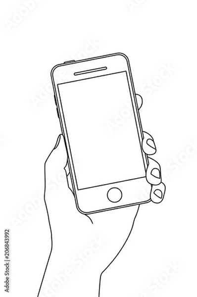 Fototapeta Single line drawing of a hand holding a smartphone. 