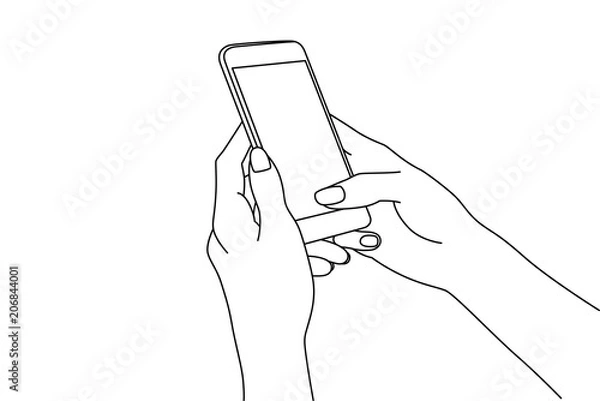 Fototapeta Line drawing of hands texting in a smartphone