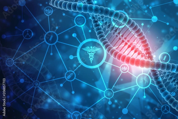 Fototapeta 3d render of dna structure in medical technology background