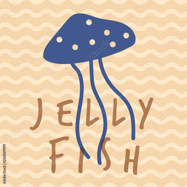 Obraz Blue jellyfish in bright wavy cream print poster. A playful, modern, and flexible print for brand who has cute and fun style. Happy, bright, and nautical mood.