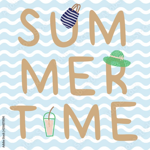 Obraz Summertime print poster with tumbler, hat, bag. A playful, modern, and flexible print for brand who has cute and fun style. Happy, bright, and nautical mood.