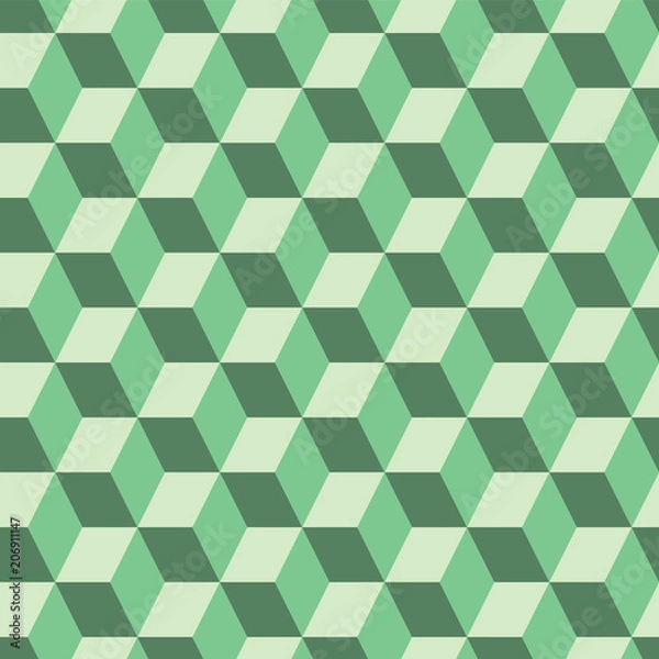 Fototapeta Abstract seamless pattern with the monochrome isometric cubes. Volume realistic texture. 3d geometric background in green design. Vector illustration.