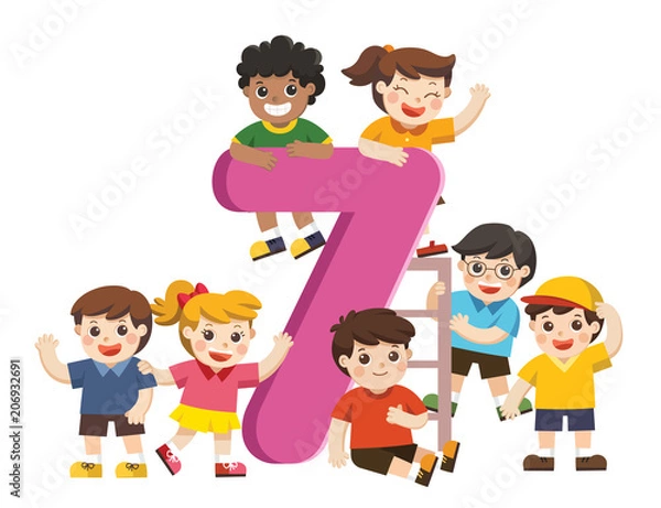 Fototapeta Vector illustration set of school kids and colorful number Seven shaped. Back to School.