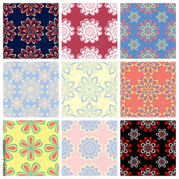 Fototapeta Colored set with flower elements. Floral seamless pattern. 